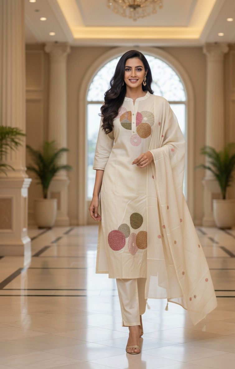 Elegant Cotton Suit Set with Multi-Coloured Circle Embroidery & Matching Dupatta and Bottom