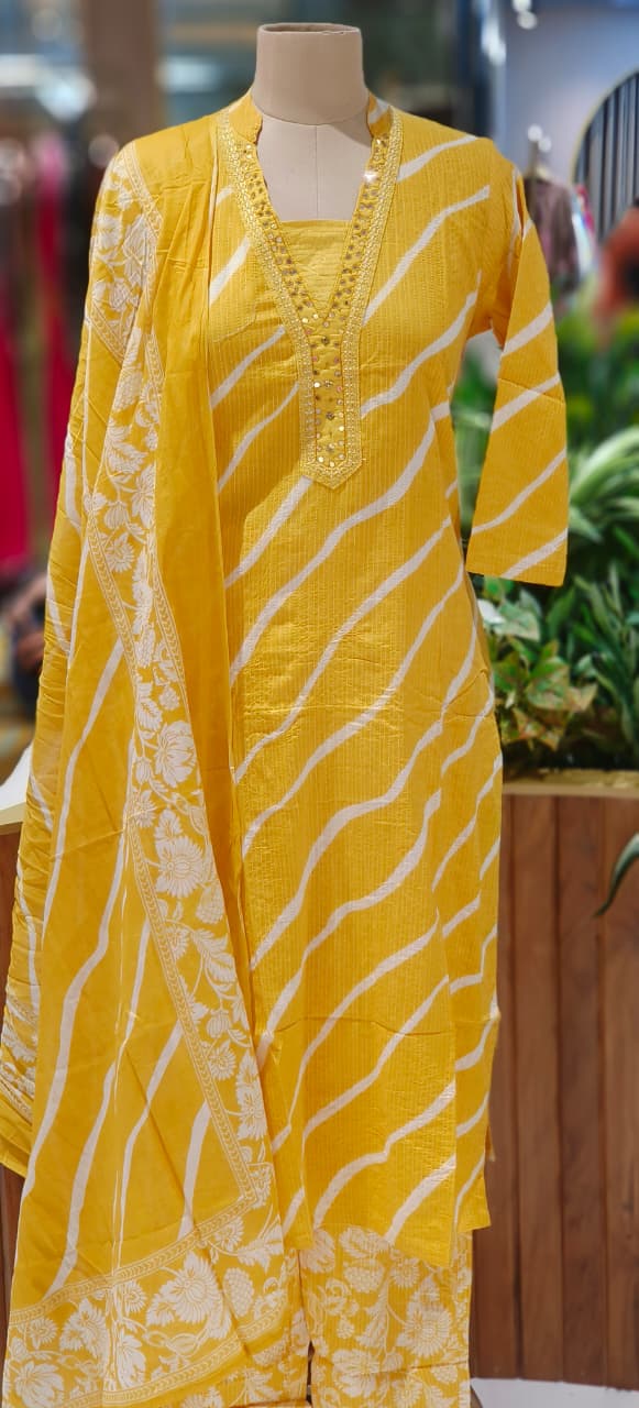 Lehriya Printex Cotton Bright Stripe Kurta Set with Floral Pant and Printed Border Dupatta