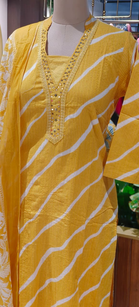 Lehriya Printex Cotton Bright Stripe Kurta Set with Floral Pant and Printed Border Dupatta