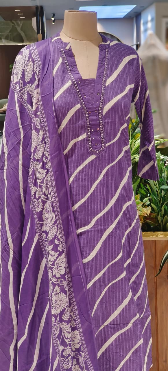 Lehriya Printex Cotton Bright Stripe Kurta Set with Floral Pant and Printed Border Dupatta