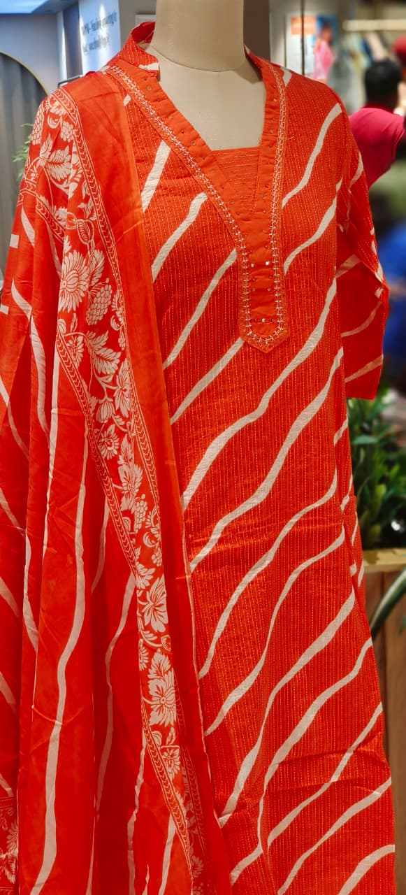 Lehriya Printex Cotton Bright Stripe Kurta Set with Floral Pant and Printed Border Dupatta