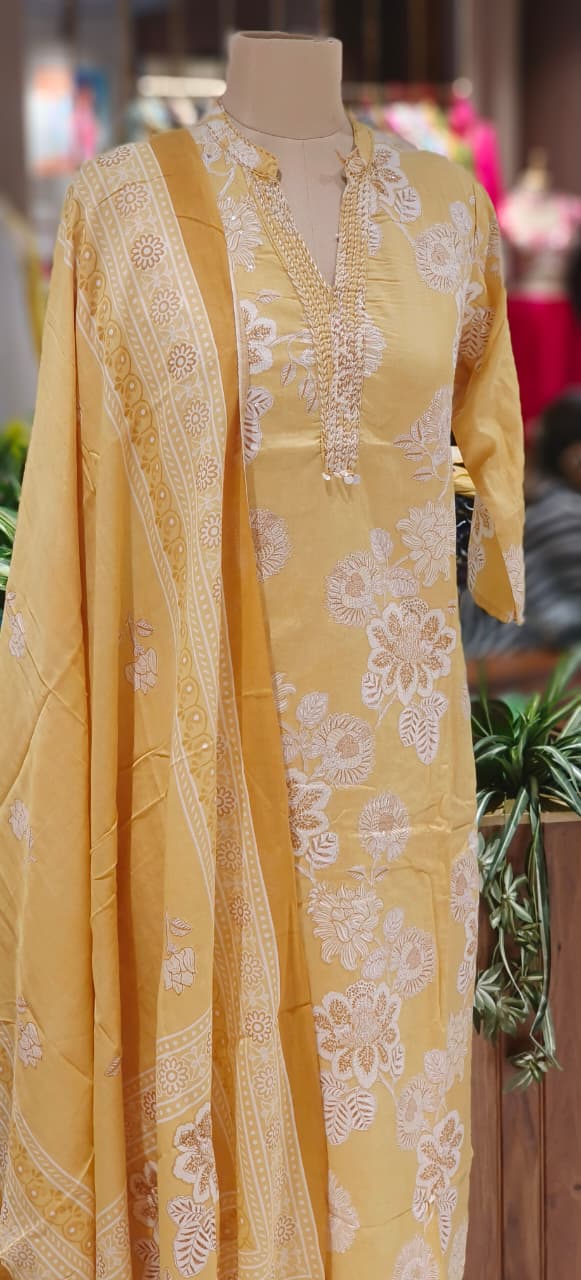 Printed Mustard Cotton Suit Set with Fine Neck Embellishment & Coordinated Bottom