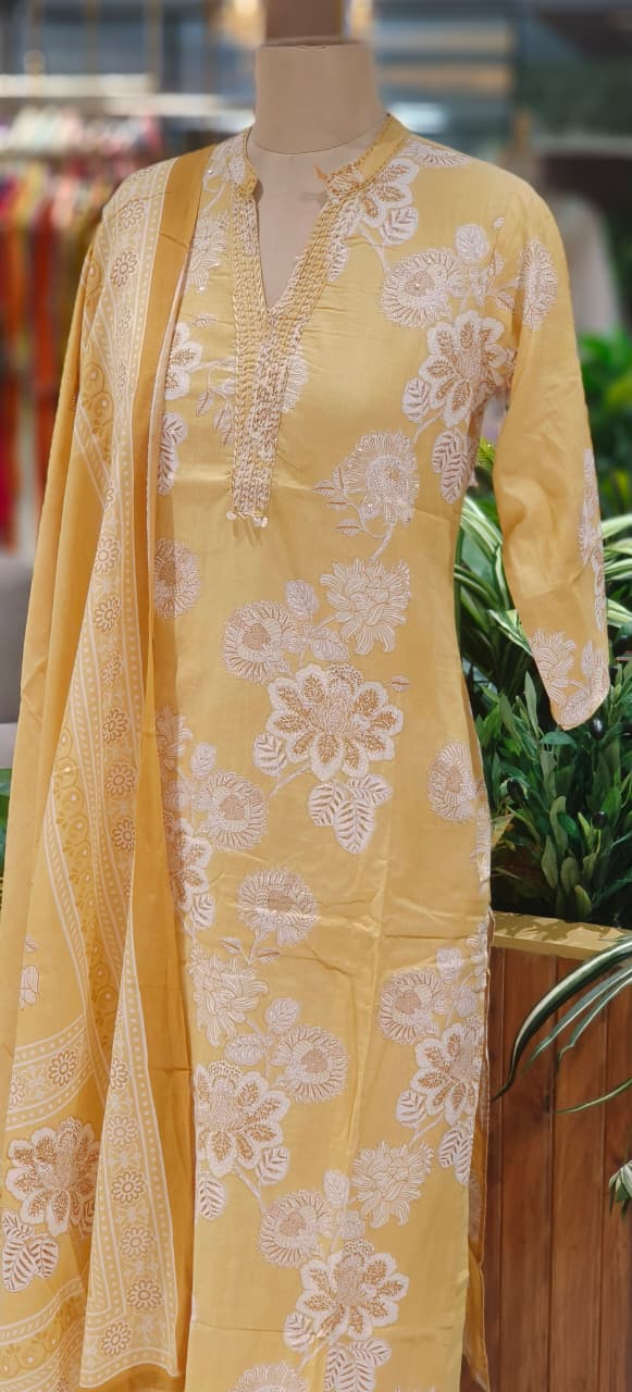 Printed Mustard Cotton Suit Set with Fine Neck Embellishment & Coordinated Bottom