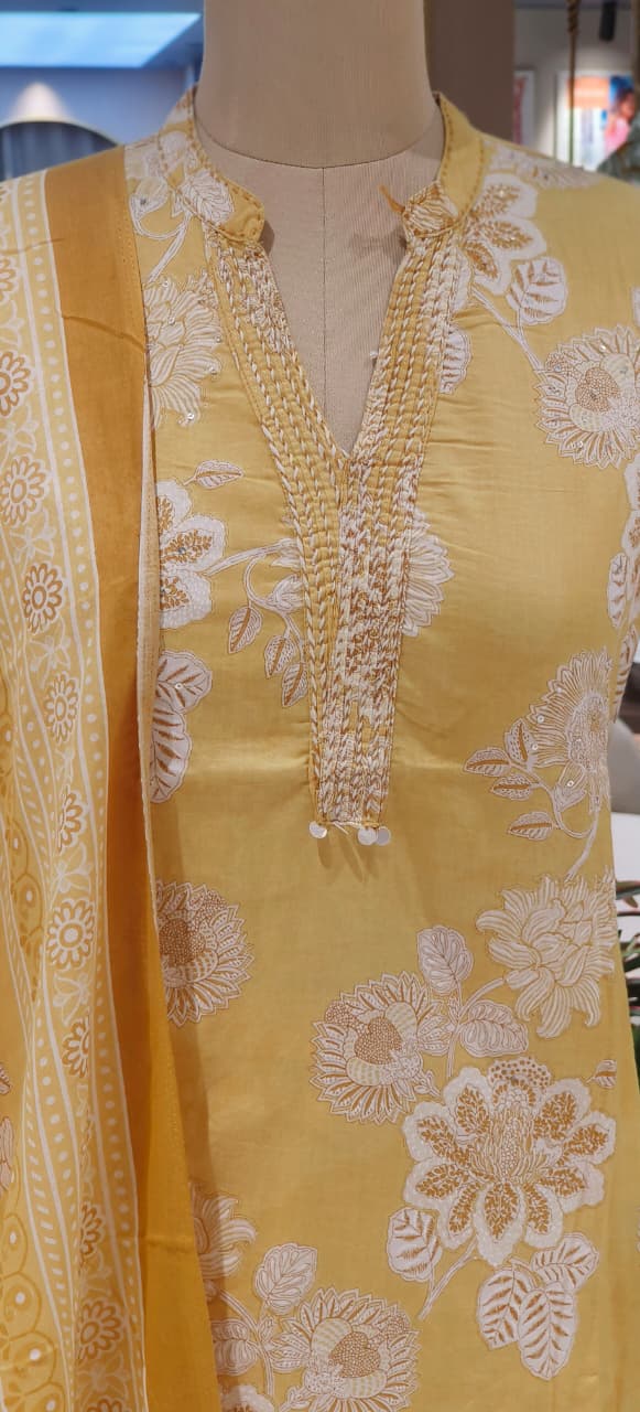 Printed Mustard Cotton Suit Set with Fine Neck Embellishment & Coordinated Bottom