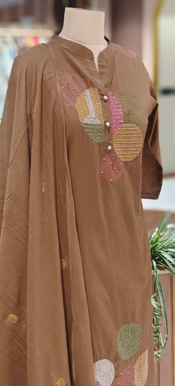 Elegant Cotton Suit Set with Multi-Coloured Circle Embroidery & Matching Dupatta and Bottom