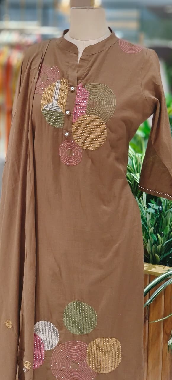 Elegant Cotton Suit Set with Multi-Coloured Circle Embroidery & Matching Dupatta and Bottom