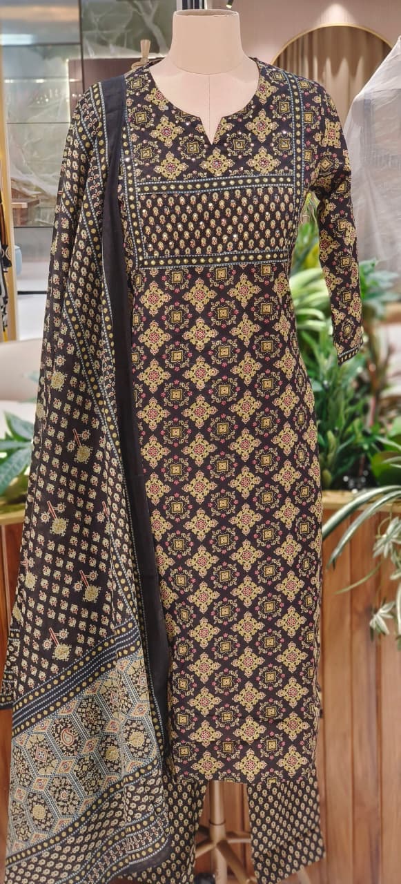 Soft Cotton Black & Gold Printed Suit Set with Traditional Patterns, Straight Kurta & Matching Bottom