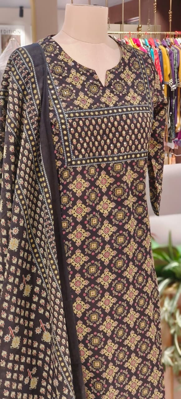 Soft Cotton Black & Gold Printed Suit Set with Traditional Patterns, Straight Kurta & Matching Bottom