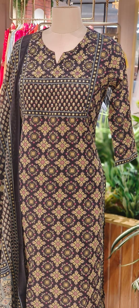 Soft Cotton Black & Gold Printed Suit Set with Traditional Patterns, Straight Kurta & Matching Bottom