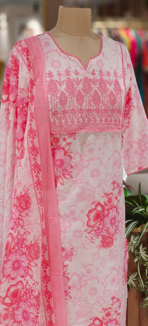 Lightweight Pure Cotton Printed Suit Set with Straight Kurta, Coordinated Bottom & Flowing Dupatta