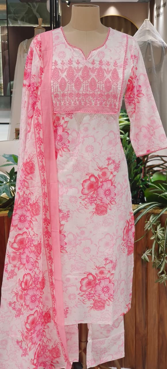 Lightweight Pure Cotton Printed Suit Set with Straight Kurta, Coordinated Bottom & Flowing Dupatta