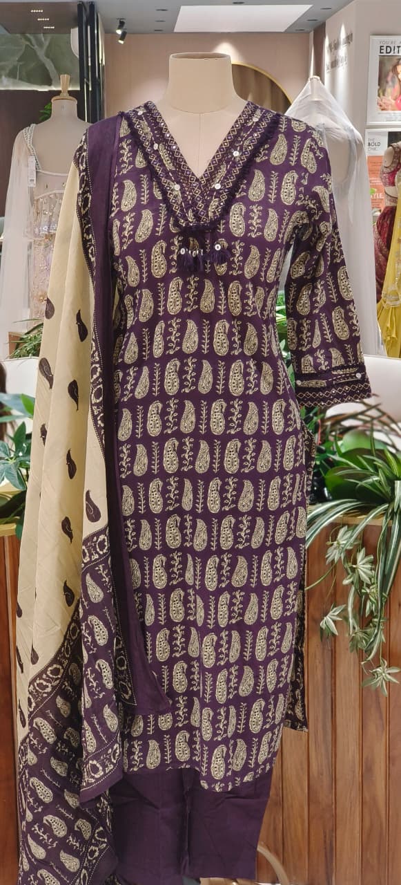 Cotton Three-Piece Suit Set  with Traditional Block-Style Prints & Cream Border Dupatta