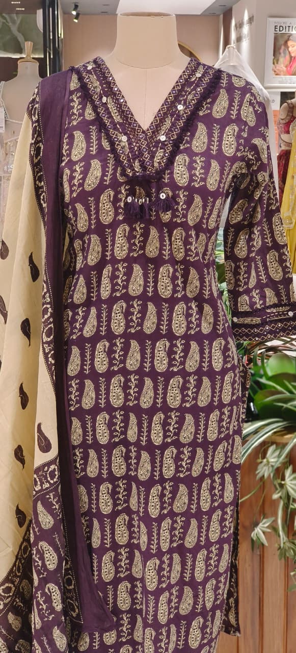 Cotton Three-Piece Suit Set  with Traditional Block-Style Prints & Cream Border Dupatta