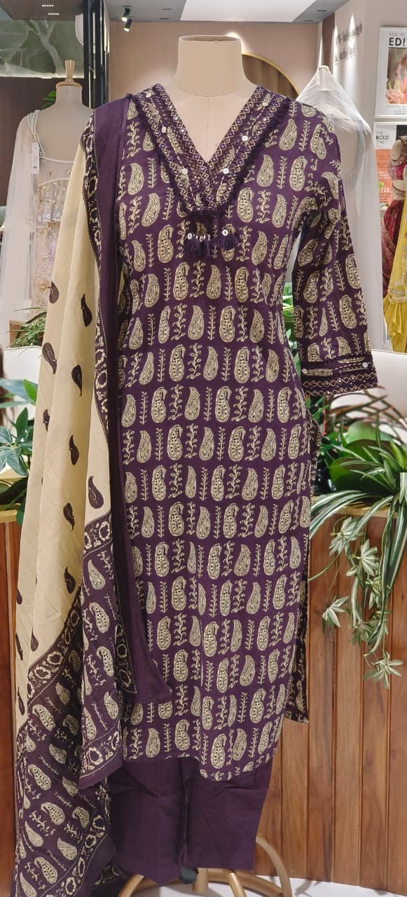 Cotton Three-Piece Suit Set  with Traditional Block-Style Prints & Cream Border Dupatta