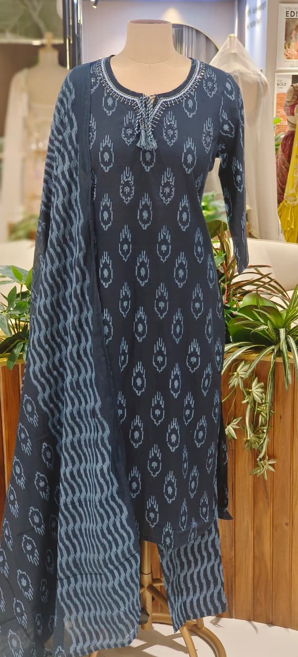 Breathable Cotton Ikat Print Straight Kurta Set with Matching Bottoms & Dupatta