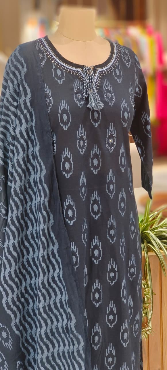 Breathable Cotton Ikat Print Straight Kurta Set with Matching Bottoms & Dupatta