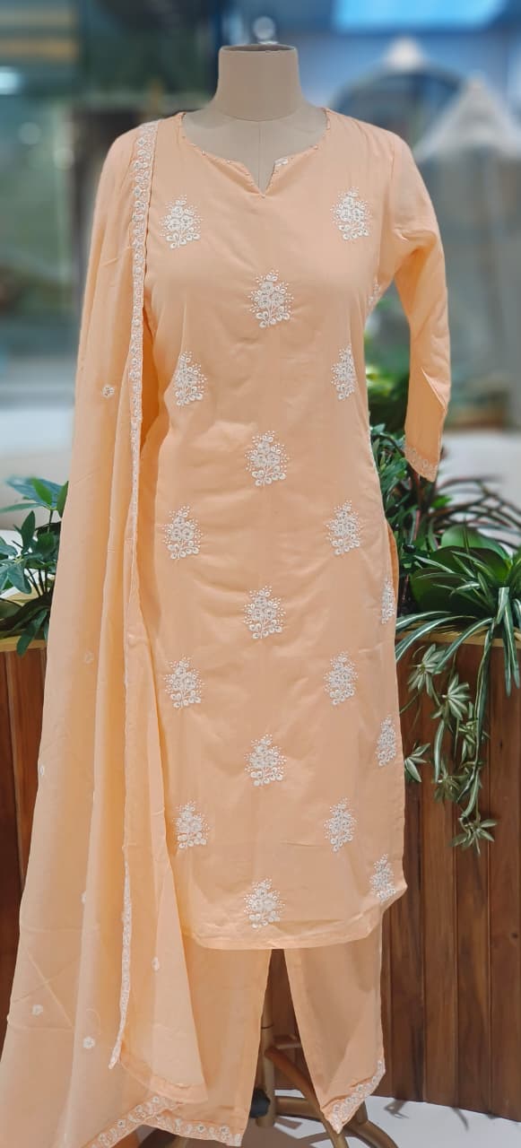Peach shade Cotton Embroidered Kurta Pant Dupatta Set with Soft Shine & Minimal Motif Detailing