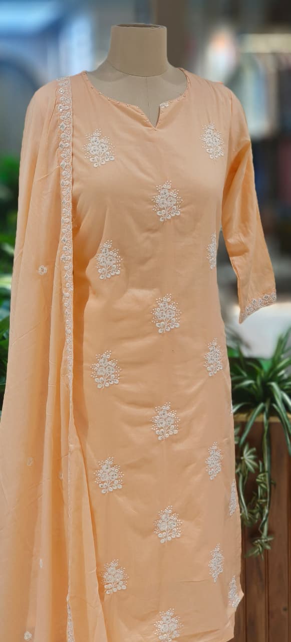 Peach shade Cotton Embroidered Kurta Pant Dupatta Set with Soft Shine & Minimal Motif Detailing