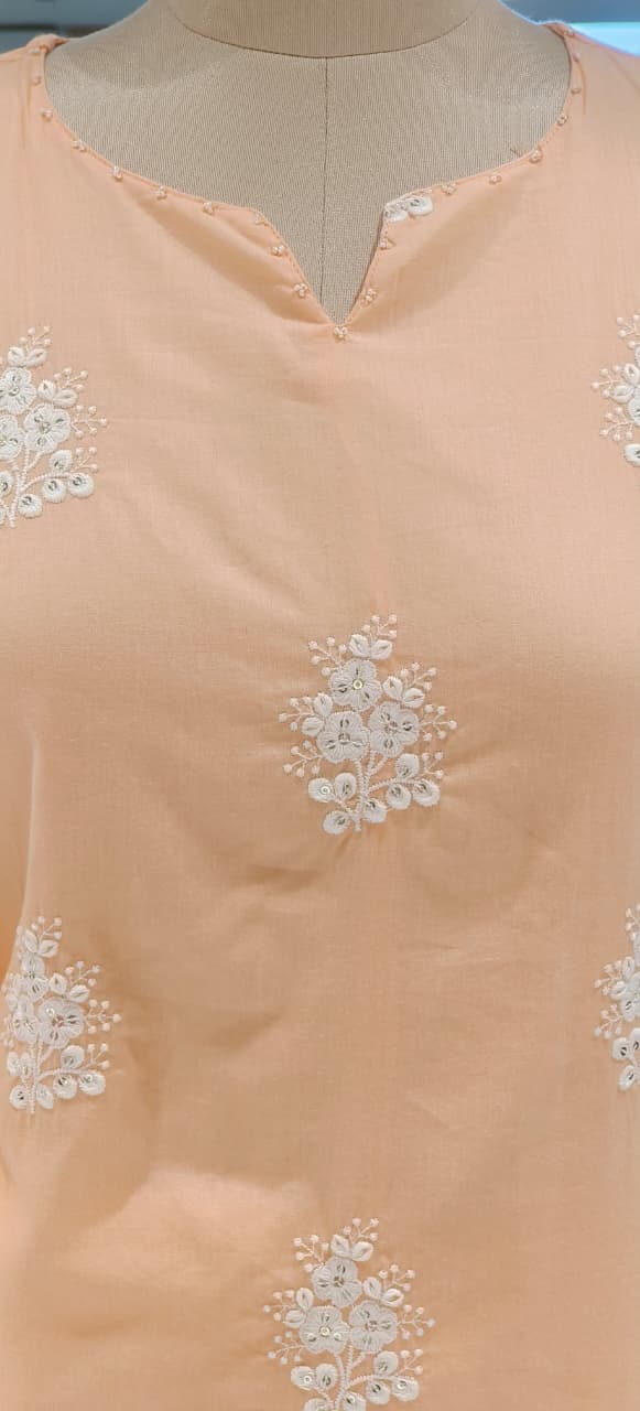 Peach shade Cotton Embroidered Kurta Pant Dupatta Set with Soft Shine & Minimal Motif Detailing
