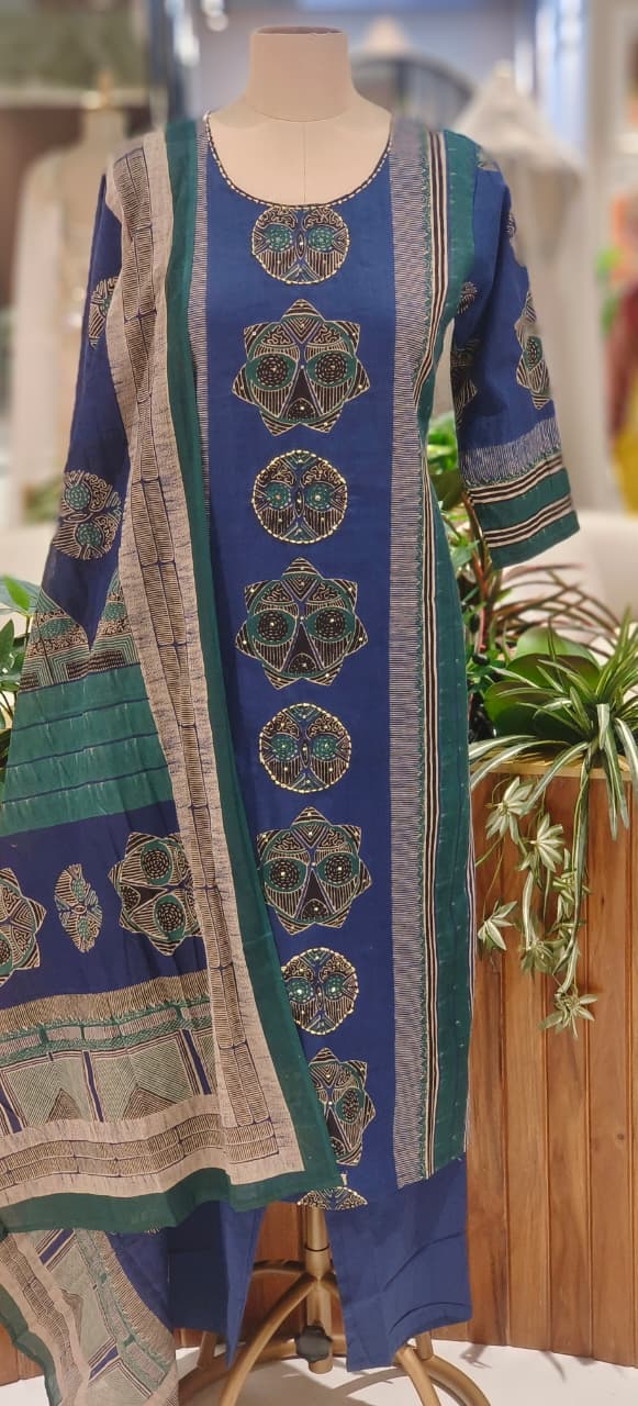 Elegant Pure Cotton Navy Kurta Pant Dupatta Set Featuring Traditional Prints & Soft Comfortable Fabric