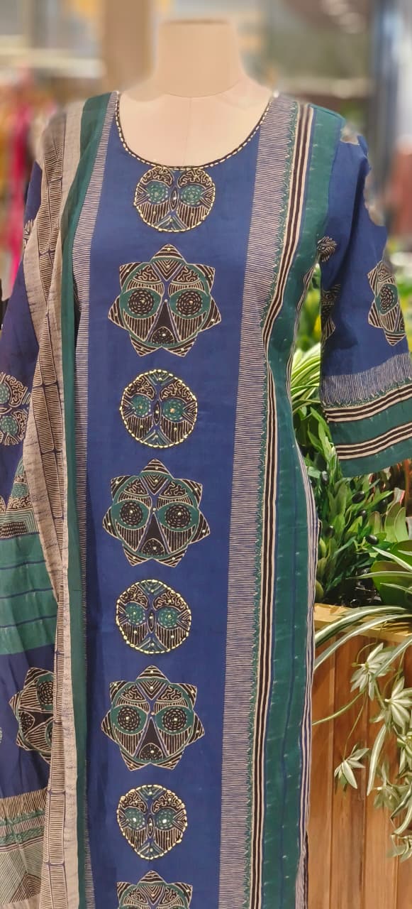 Elegant Pure Cotton Navy Kurta Pant Dupatta Set Featuring Traditional Prints & Soft Comfortable Fabric