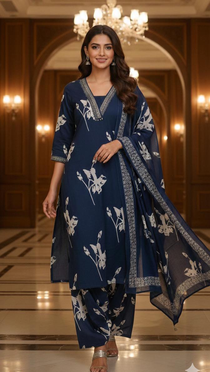 Trendy Botanical Print Three-Piece Suit Set with Elegant Neck Work & Matching Dupatta And Bottom