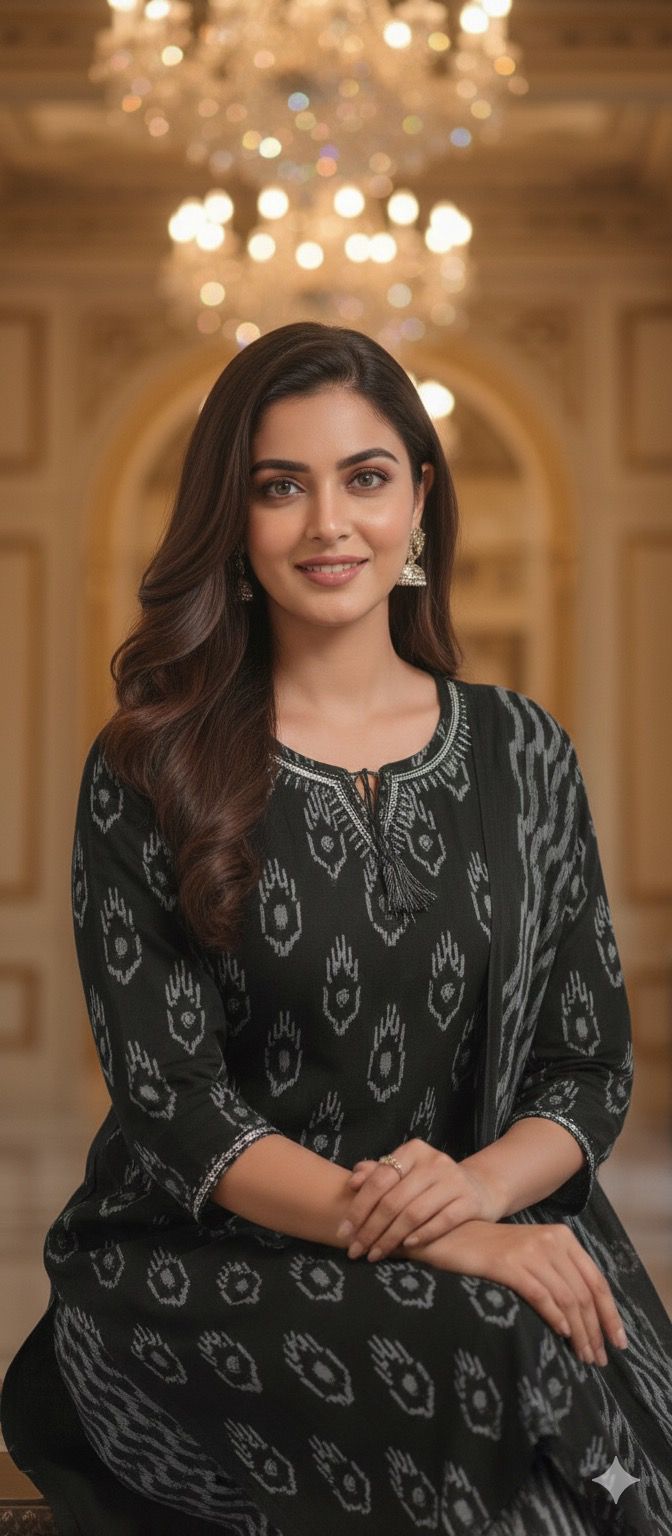 Breathable Cotton Ikat Print Straight Kurta Set with Matching Bottoms & Dupatta