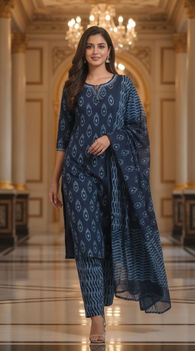Breathable Cotton Ikat Print Straight Kurta Set with Matching Bottoms & Dupatta