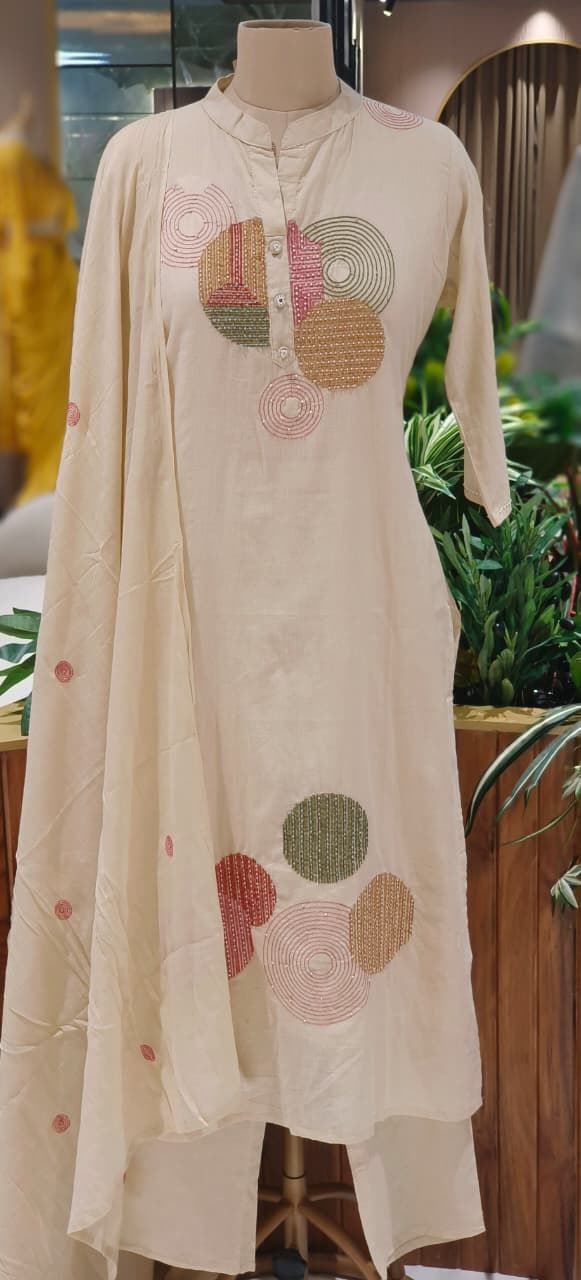 Elegant Cotton Suit Set with Multi-Coloured Circle Embroidery & Matching Dupatta and Bottom