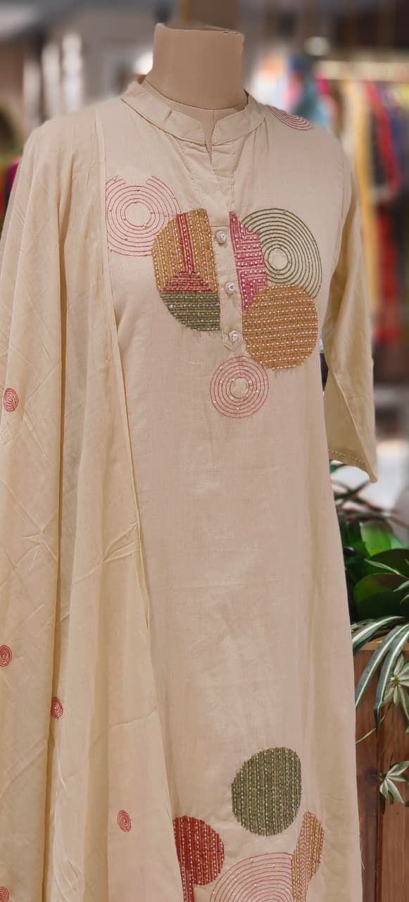 Elegant Cotton Suit Set with Multi-Coloured Circle Embroidery & Matching Dupatta and Bottom