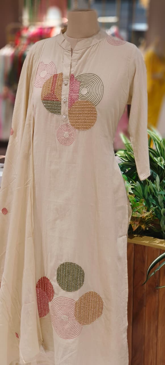 Elegant Cotton Suit Set with Multi-Coloured Circle Embroidery & Matching Dupatta and Bottom