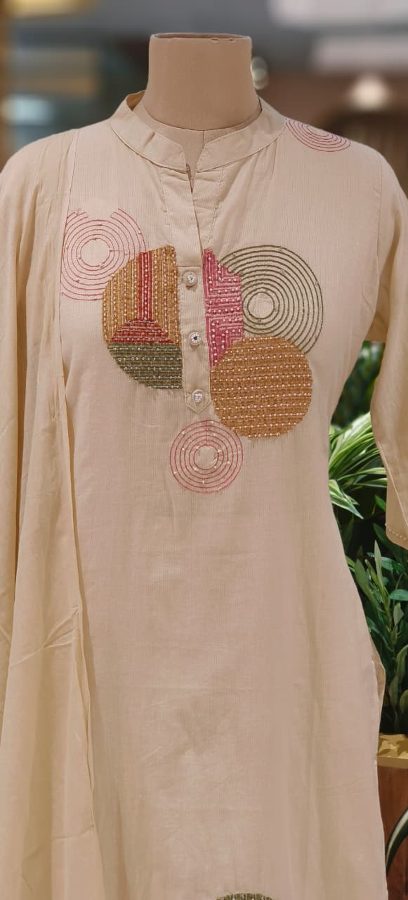Elegant Cotton Suit Set with Multi-Coloured Circle Embroidery & Matching Dupatta and Bottom