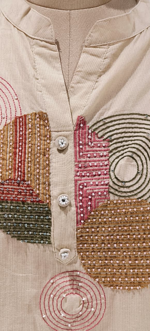 Elegant Cotton Suit Set with Multi-Coloured Circle Embroidery & Matching Dupatta and Bottom