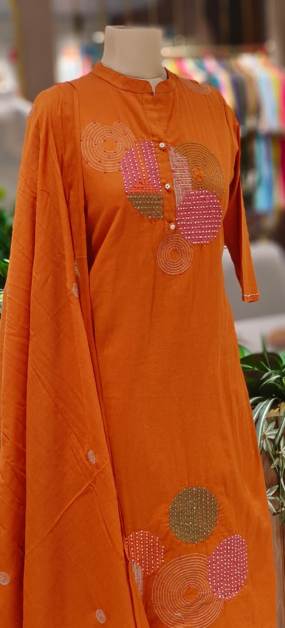 Elegant Cotton Suit Set with Multi-Coloured Circle Embroidery & Matching Dupatta and Bottom