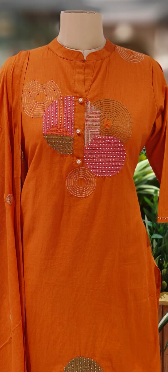 Elegant Cotton Suit Set with Multi-Coloured Circle Embroidery & Matching Dupatta and Bottom