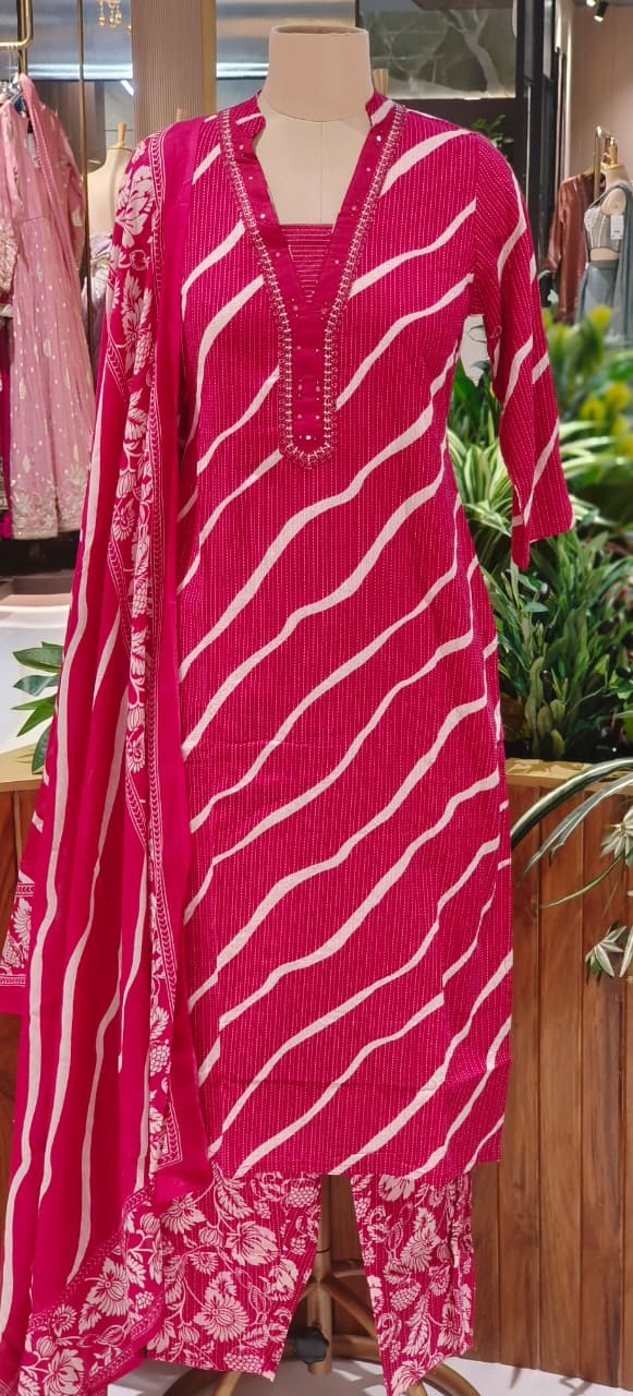 Lehriya Printex Cotton Bright Stripe Kurta Set with Floral Pant and Printed Border Dupatta