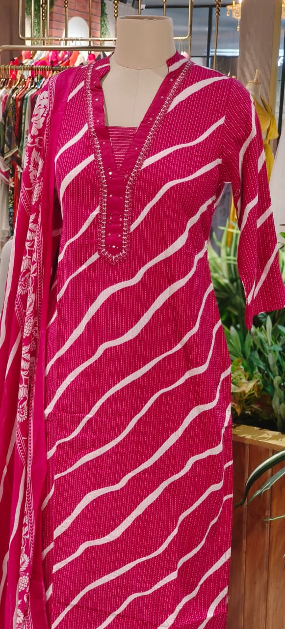 Lehriya Printex Cotton Bright Stripe Kurta Set with Floral Pant and Printed Border Dupatta