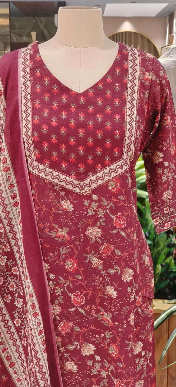 Wine Floral Printed Pure Cotton Kurta Set with Contrast Yoke Detailing & Matching Dupatta