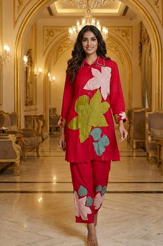 Floral Patched With Resam Embroidered Collared Co-Ord Set- 10785,10784
