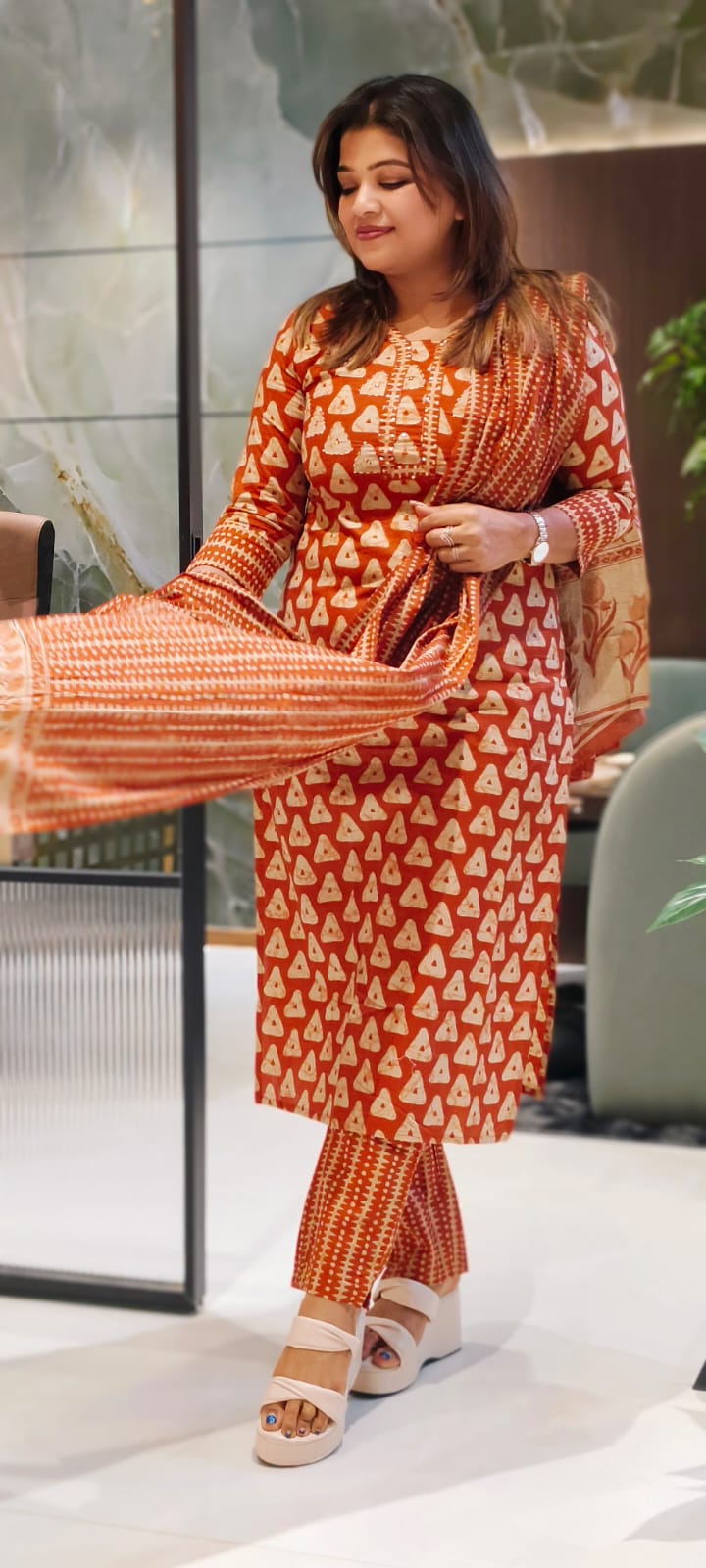 Hand Block Cotton Straight Kurta With Coordinated Printed Dupatta