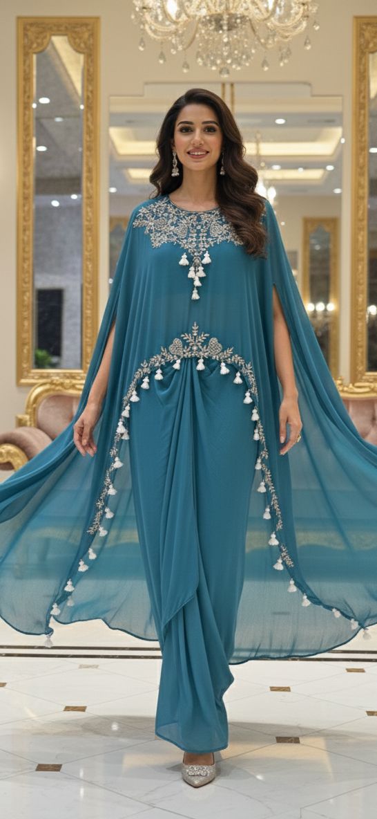 Thread Pom Pom Look Tasselled Zari Work Cape Style Top With Drape Skirt Bottom- 12919