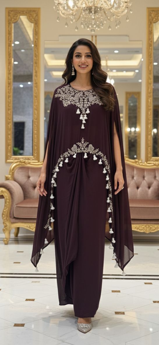 Thread Pom Pom Look Tasselled Zari Work Cape Style Top With Drape Skirt Bottom- 12919