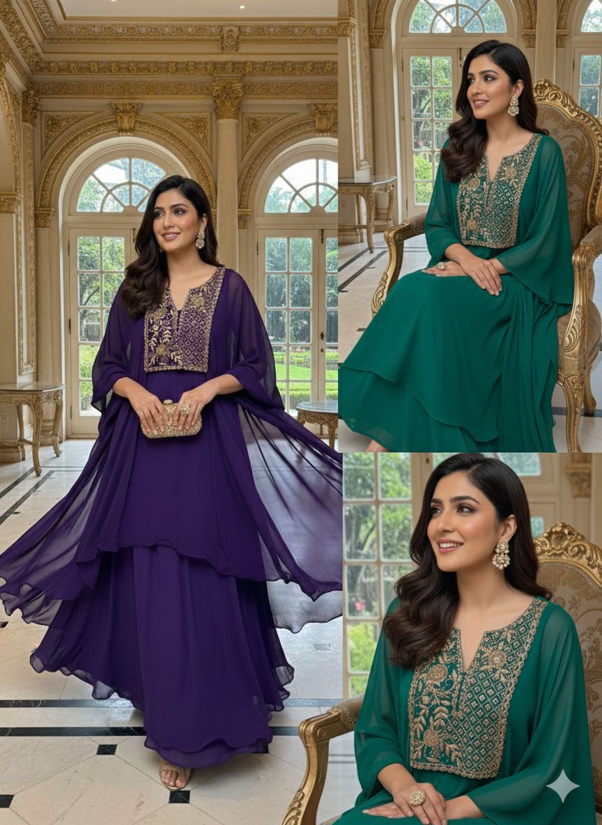 Heavily Worked Flowy Cape With Attached Buster With Layered Skirt Indo Western Wear Georgette fabric- 12146