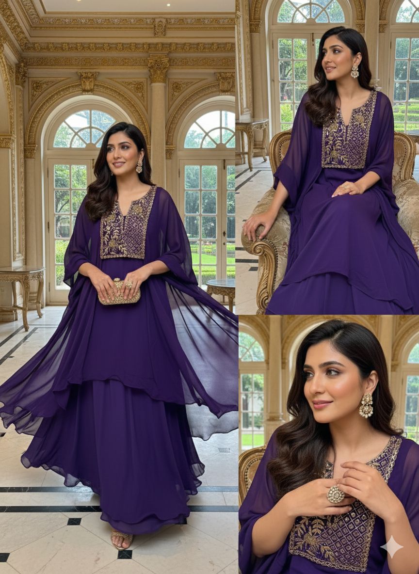 Heavily Worked Flowy Cape With Attached Buster With Layered Skirt Indo Western Wear Georgette fabric- 12146