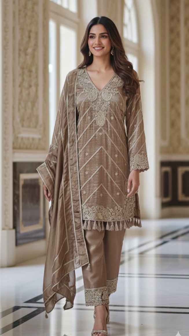 Antique Golden Rich Work Premium Tissue Short Length Kurta With Farsi Bottom & Dupatta- 12785