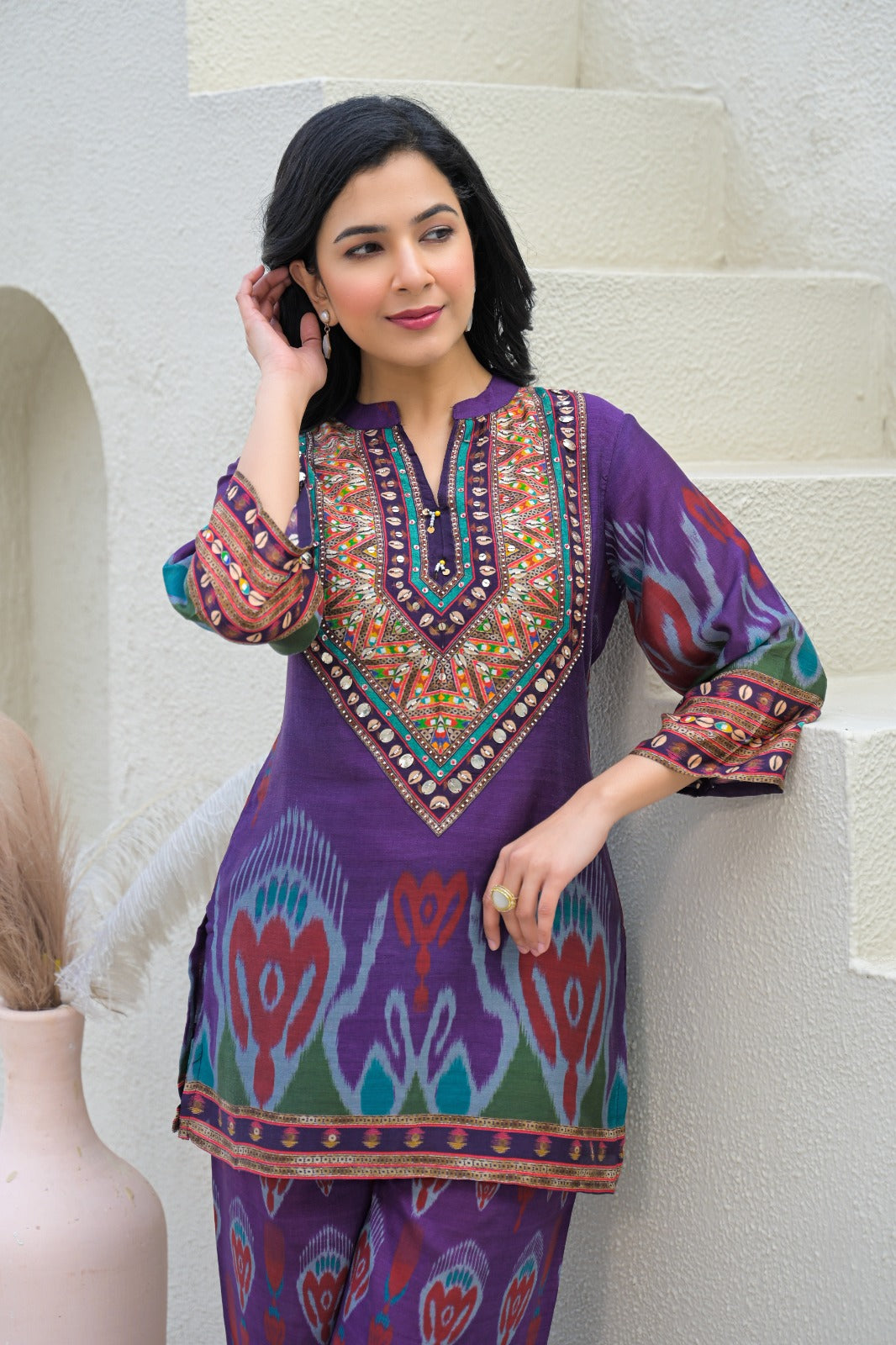 Graceful Ikkat Tiny Cut Dana Mandarin Collar Muslin Co-Ord Set