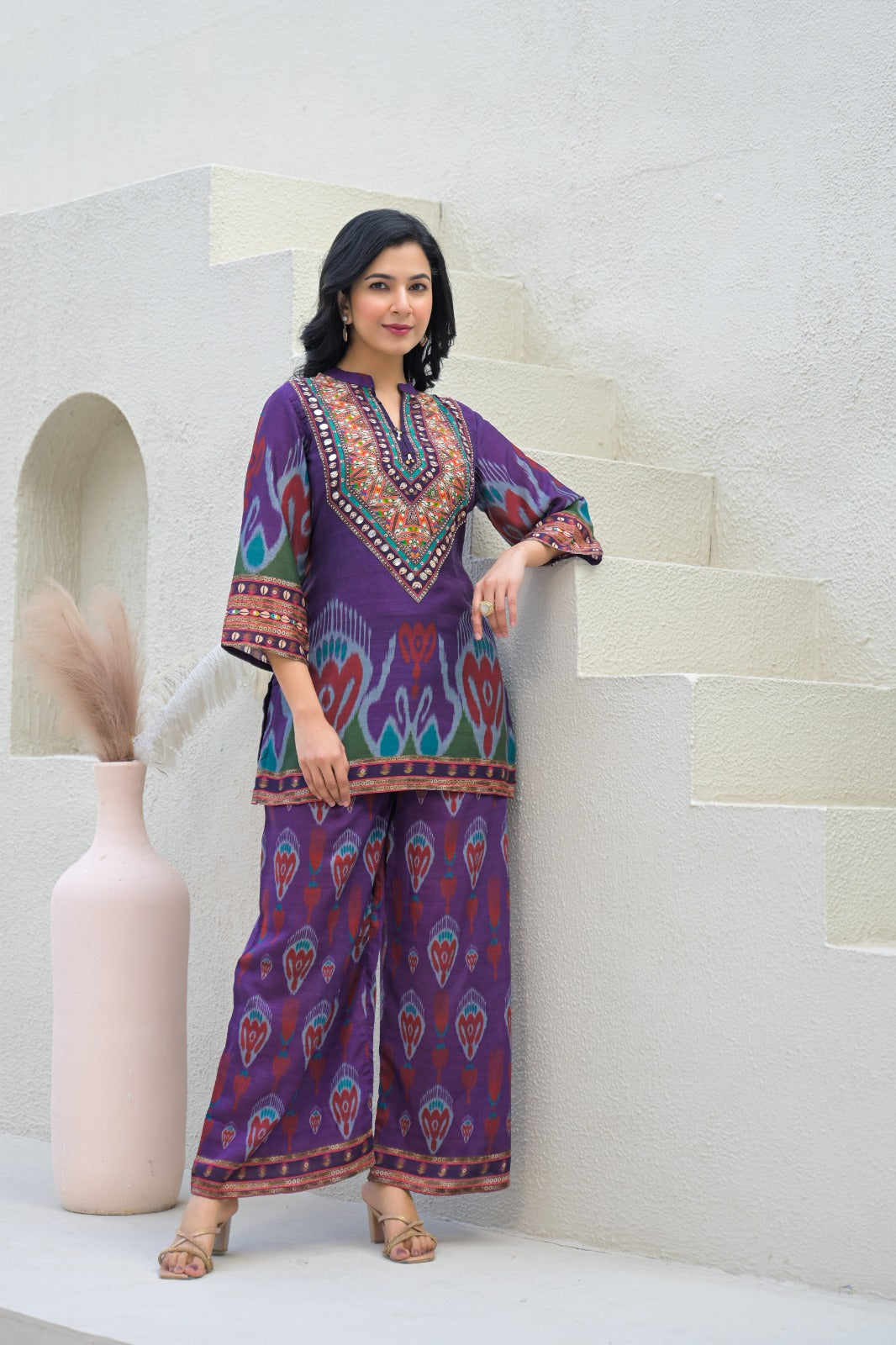 Graceful Ikkat Tiny Cut Dana Mandarin Collar Muslin Co-Ord Set