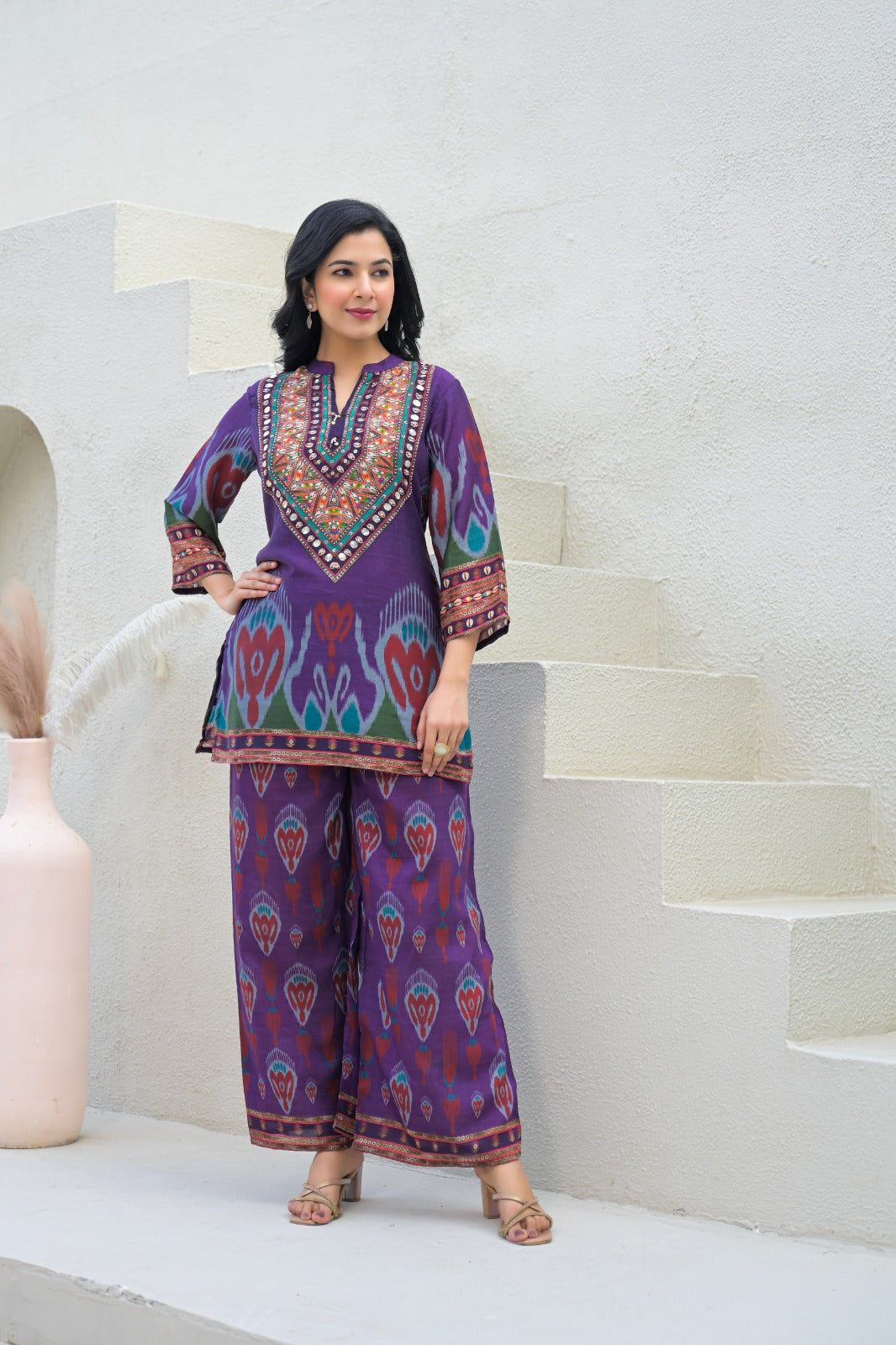 Graceful Ikkat Tiny Cut Dana Mandarin Collar Muslin Co-Ord Set