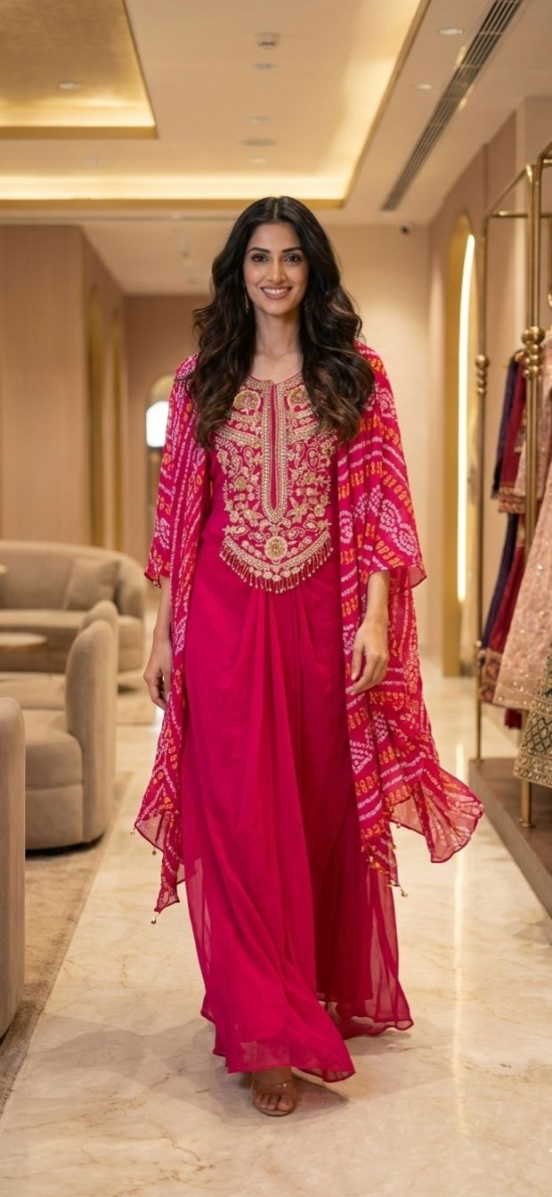 Pure Chinon Bandhani Print Tasselled Designer Cape Style Top With Dhoti Skirt Bottom- 12848