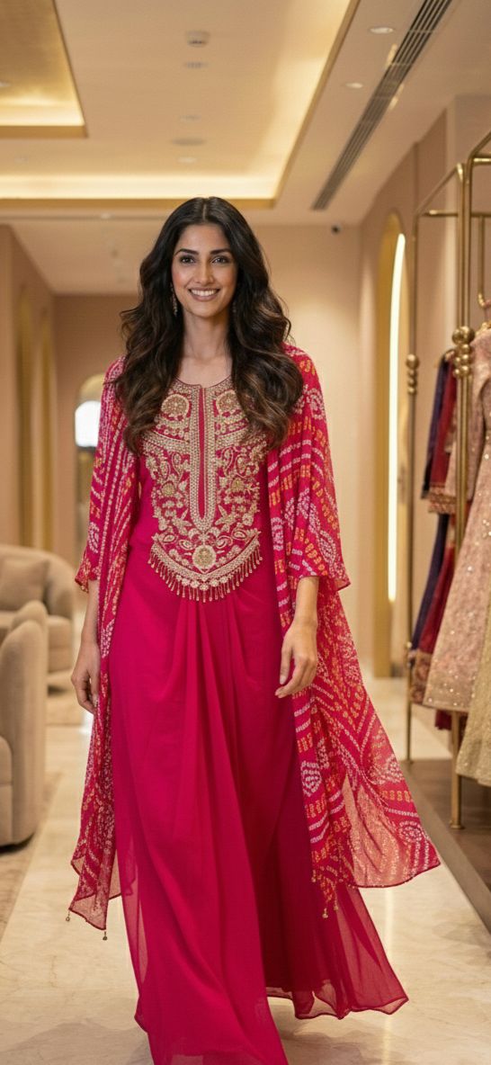 Pure Chinon Bandhani Print Tasselled Designer Cape Style Top With Dhoti Skirt Bottom- 12848